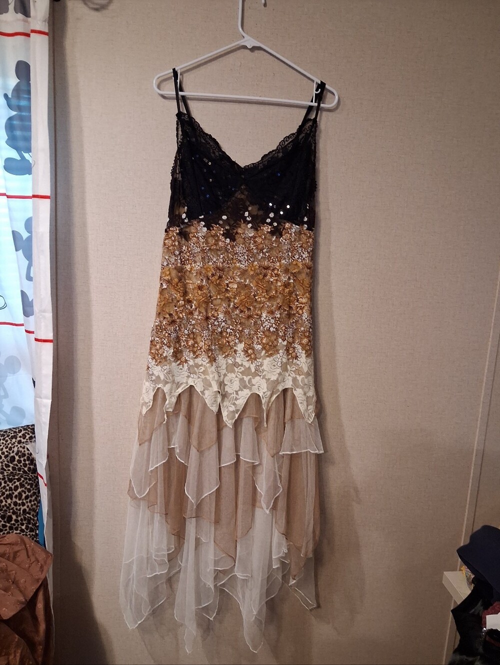 Ever Pretty Elegant Layered Lace & Sequin Slip Dress in Black and Gold Sz XL